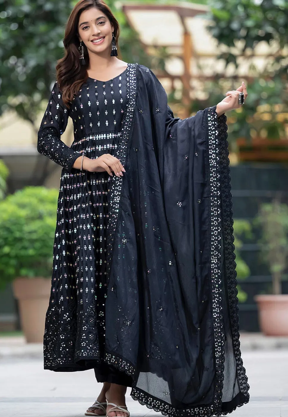 Embroidered Chinon Silk A Line Suit in Black