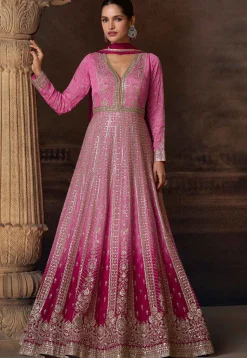 Embroidered Chinon Silk Abaya Style Suit in Pink Ombre