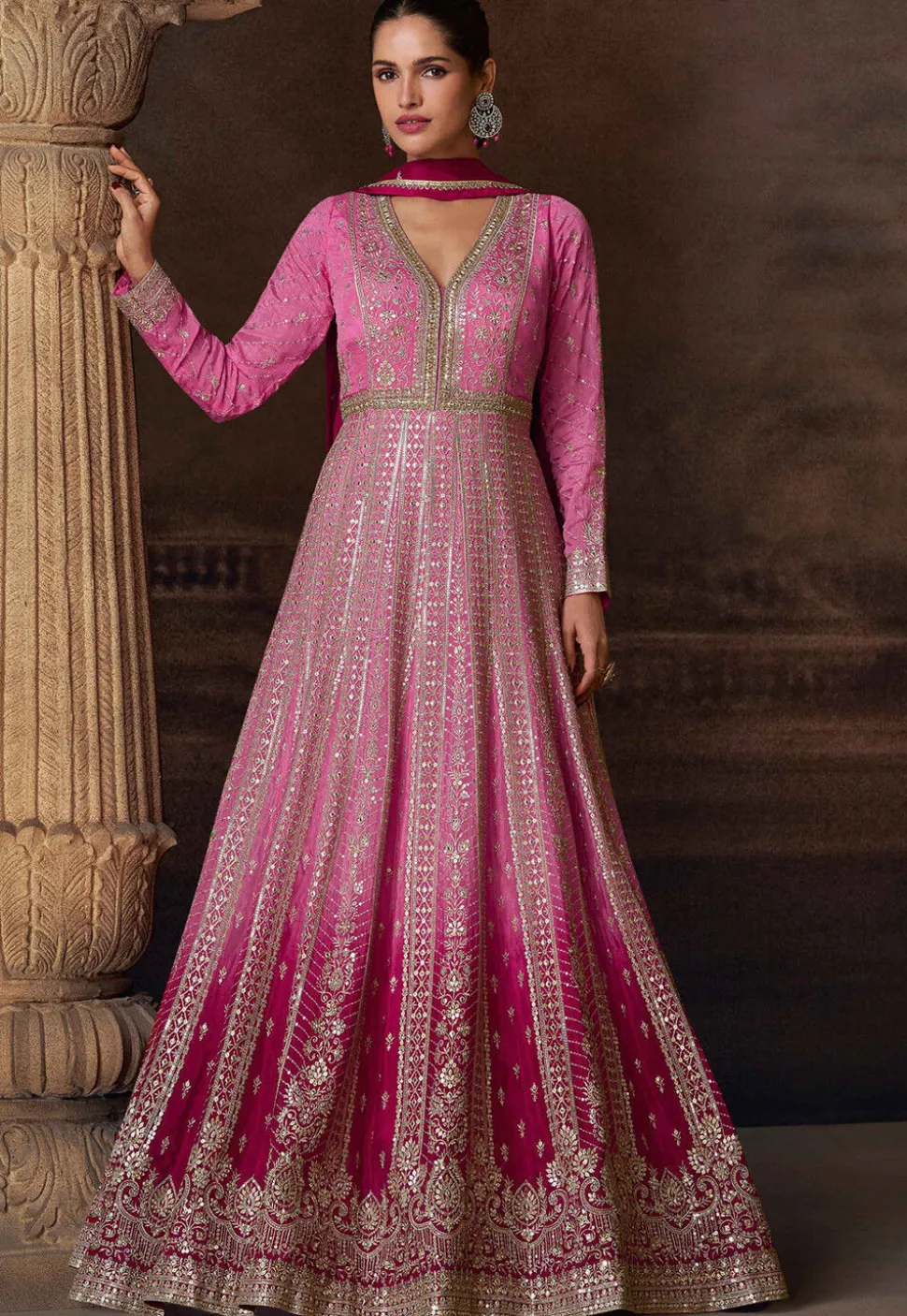 Embroidered Chinon Silk Abaya Style Suit in Pink Ombre