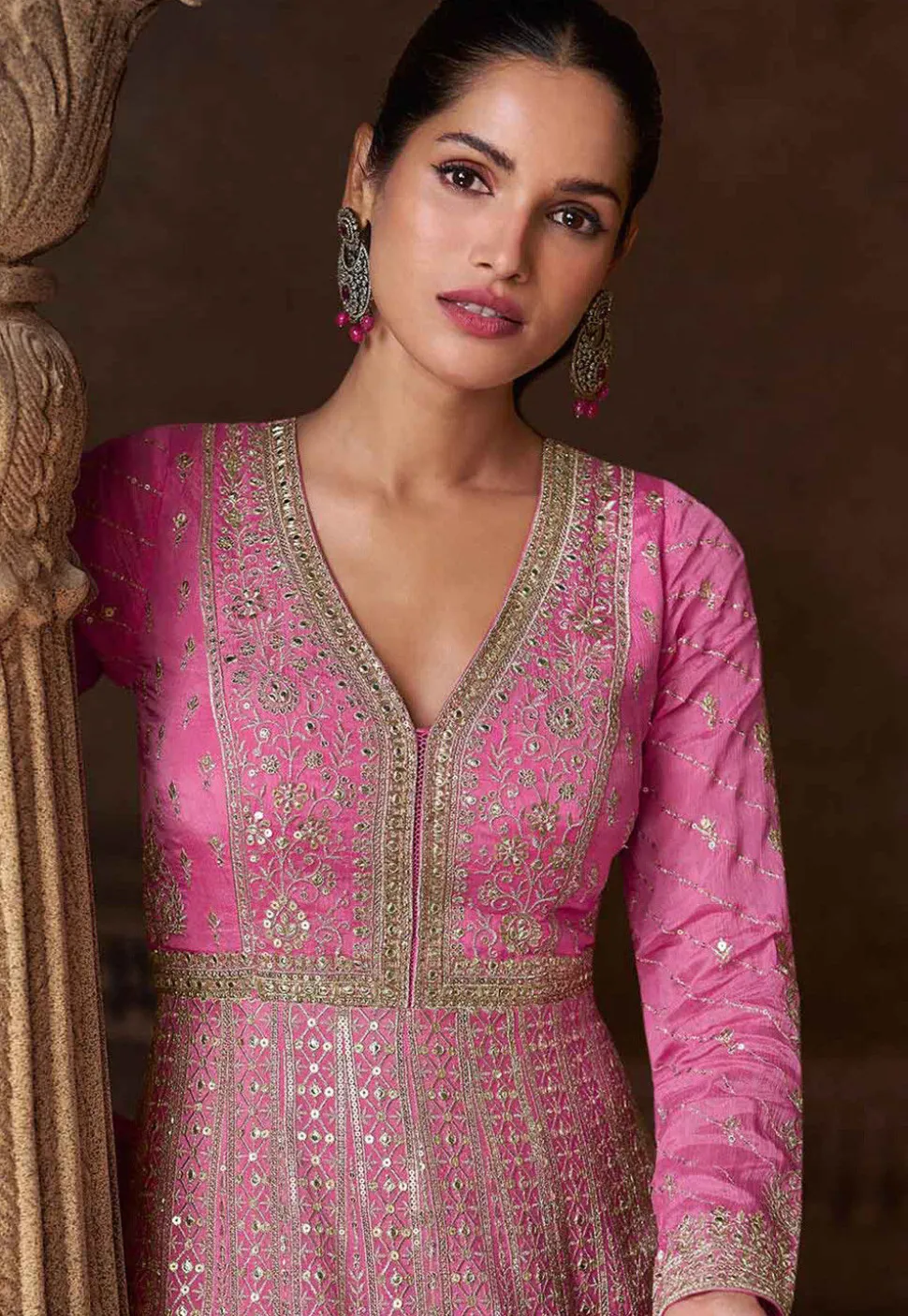 Embroidered Chinon Silk Abaya Style Suit in Pink Ombre