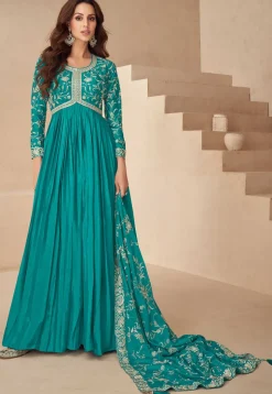 Embroidered Chinon Silk Abaya Style Suit in Teal Blue