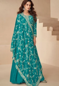 Embroidered Chinon Silk Abaya Style Suit in Teal Blue
