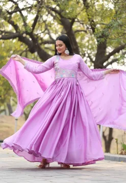 Embroidered Chinon Silk Abaya Style Suit in Purple