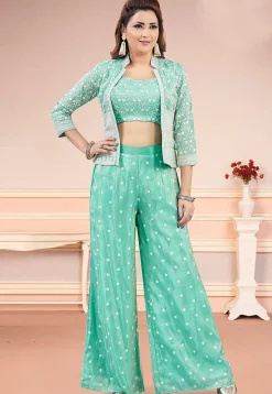 Embroidered Chinon Silk Crop Top Set in Sea Green