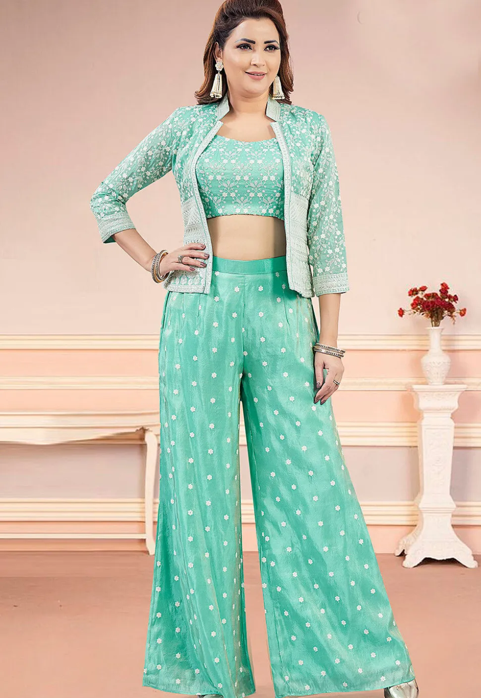 Embroidered Chinon Silk Crop Top Set in Sea Green
