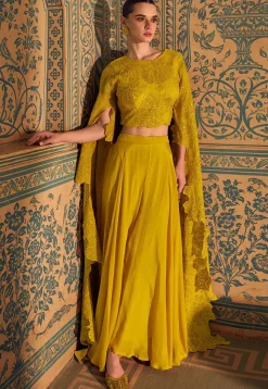 Embroidered Chinon Silk Crop Top in Yellow