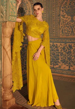 Embroidered Chinon Silk Crop Top in Yellow