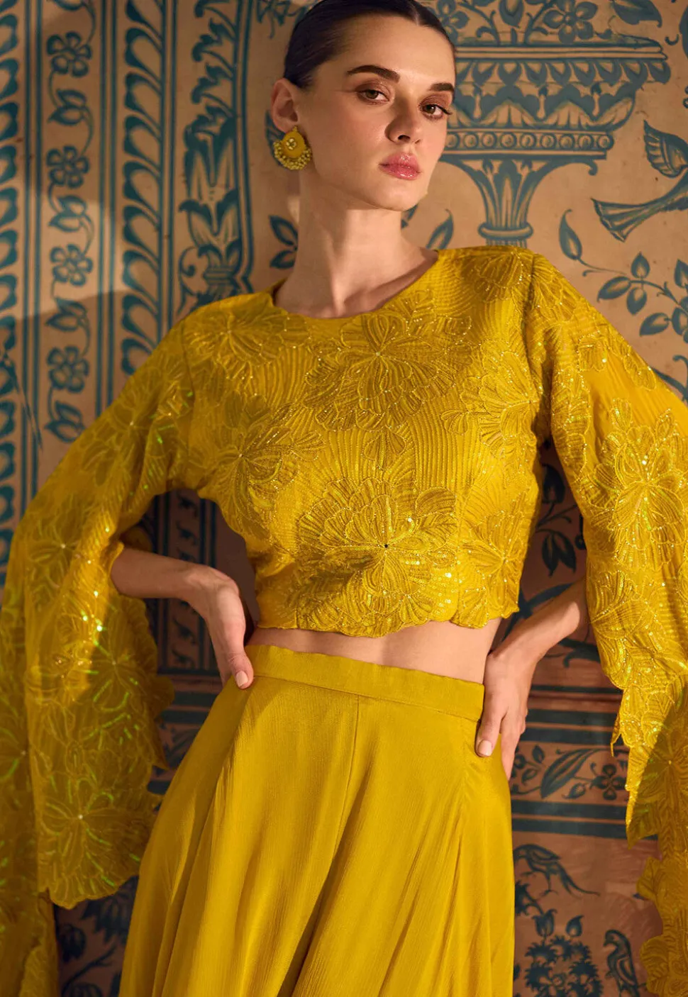 Embroidered Chinon Silk Crop Top in Yellow