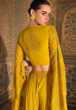 Embroidered Chinon Silk Crop Top in Yellow
