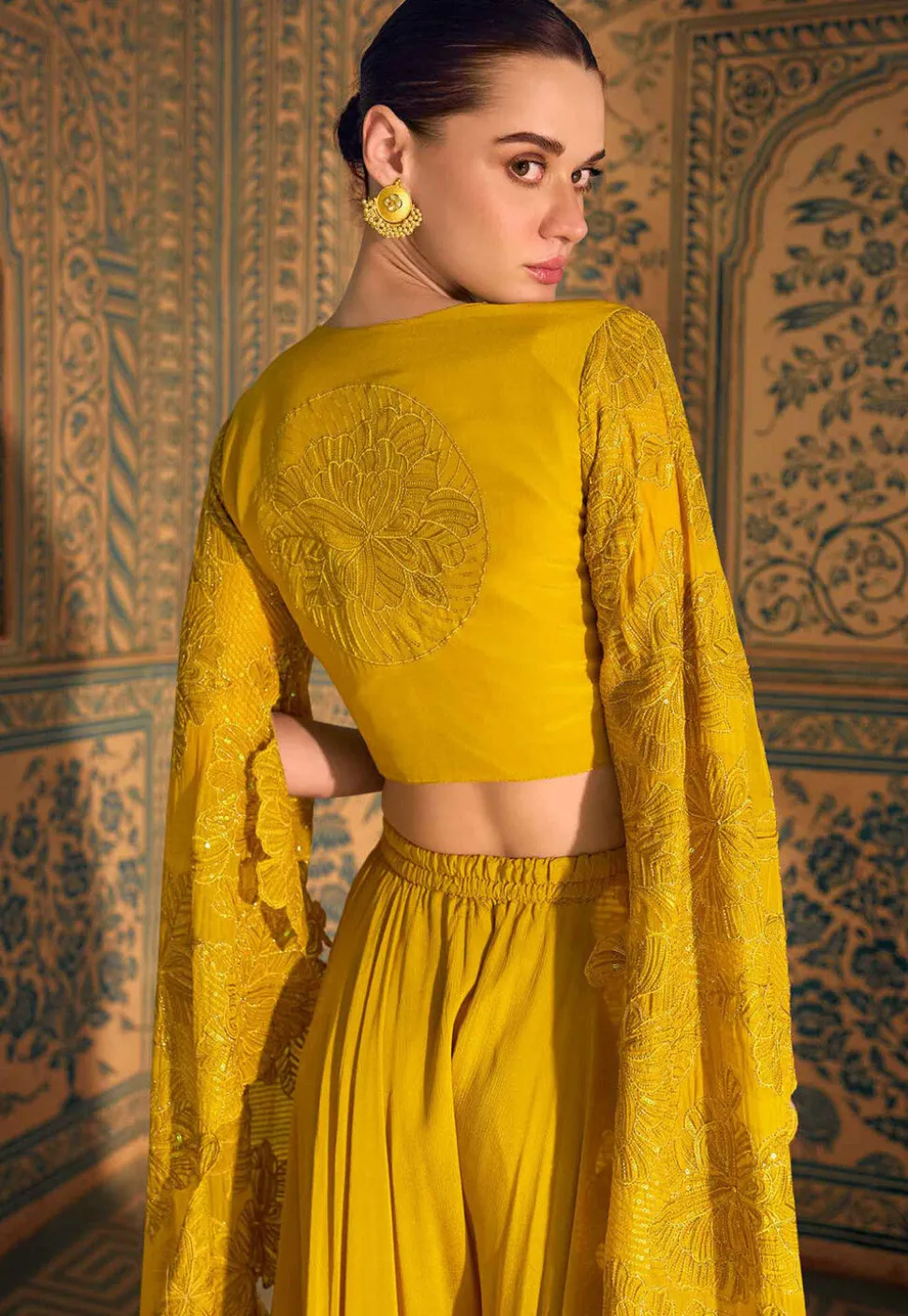 Embroidered Chinon Silk Crop Top in Yellow