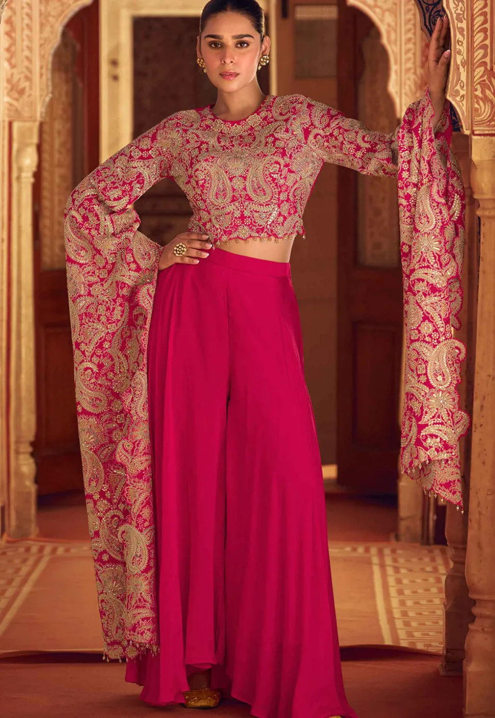 Embroidered Chinon Silk Crop Top Set in Pink