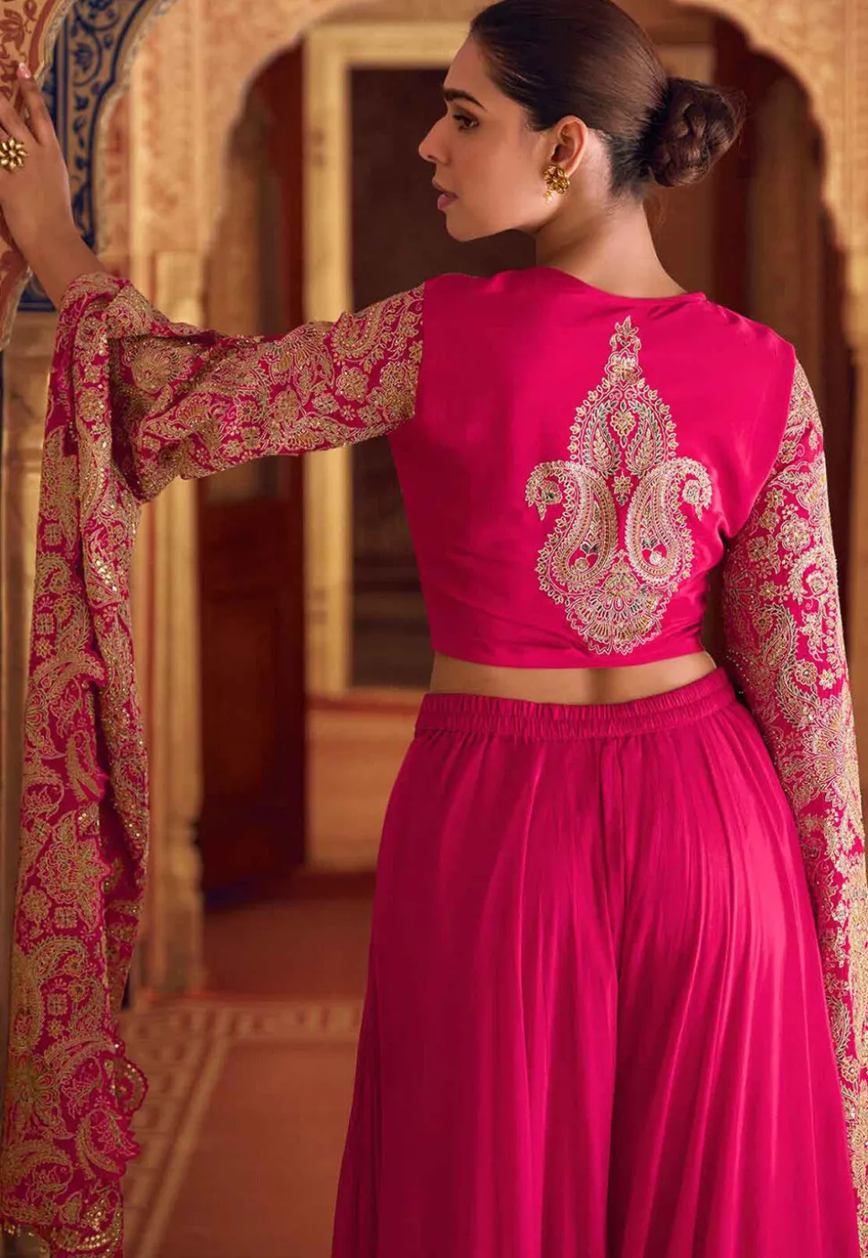 Embroidered Chinon Silk Crop Top Set in Pink