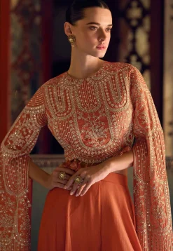 Embroidered Chinon Silk Crop Top in Orange