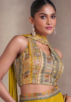 Embroidered Chinon Silk Crop Top Set in Mustard