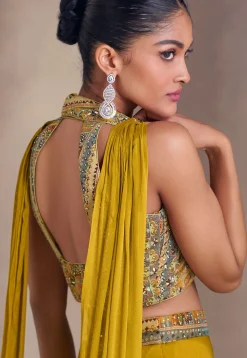 Embroidered Chinon Silk Crop Top Set in Mustard
