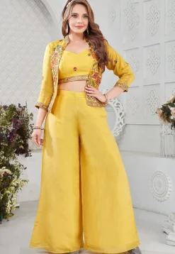 Embroidered Chinon Silk Crop Top Set in Yellow
