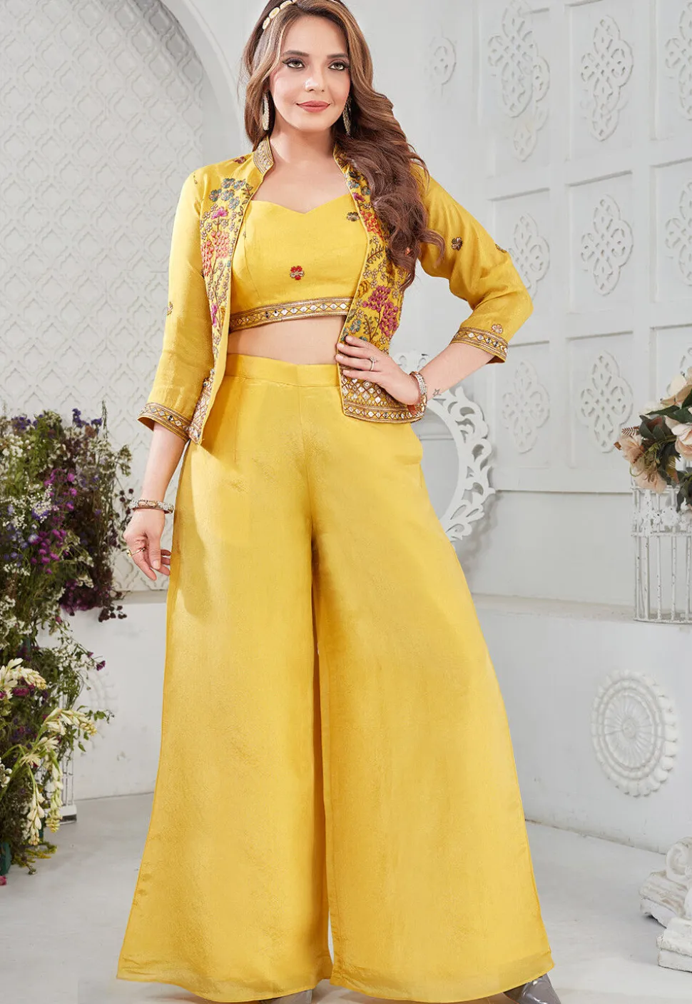 Embroidered Chinon Silk Crop Top Set in Yellow