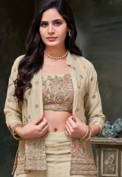 Embroidered Chinon Silk Crop Top Set in Beige