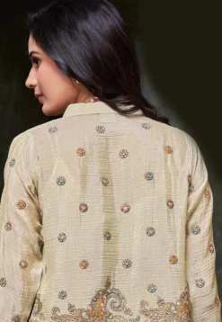 Embroidered Chinon Silk Crop Top Set in Beige
