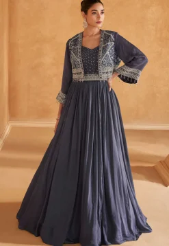 Embroidered Chinon Silk Gown in Navy Blue