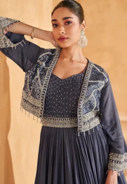 Embroidered Chinon Silk Gown in Navy Blue