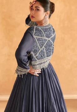 Embroidered Chinon Silk Gown in Navy Blue