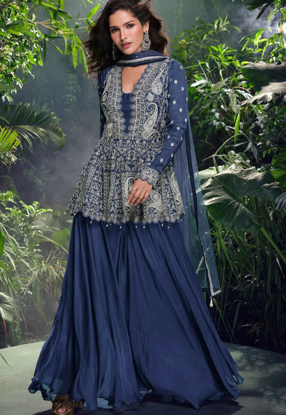 Embroidered Chinon Silk Jacquard Pakistani Suit in Navy Blue