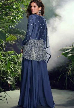 Embroidered Chinon Silk Jacquard Pakistani Suit in Navy Blue