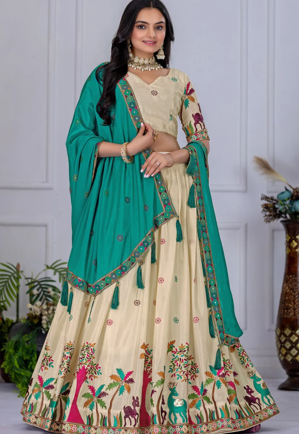 Embroidered Chinon Silk Lehenga in Cream