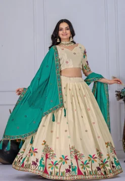 Embroidered Chinon Silk Lehenga in Cream