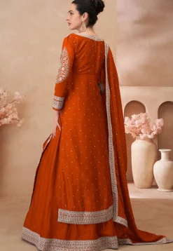 Embroidered Chinon Silk Lehenga in Orange