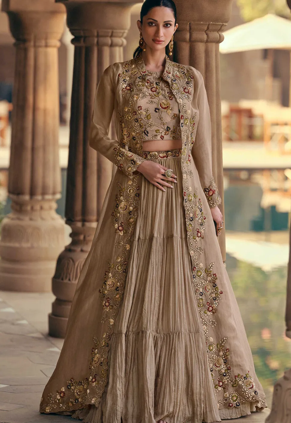 Embroidered Chinon Silk Lehenga in Beige