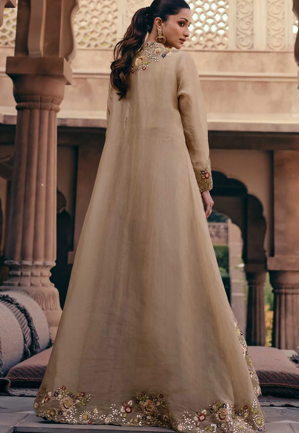 Embroidered Chinon Silk Lehenga in Beige