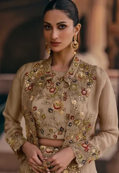 Embroidered Chinon Silk Lehenga in Beige