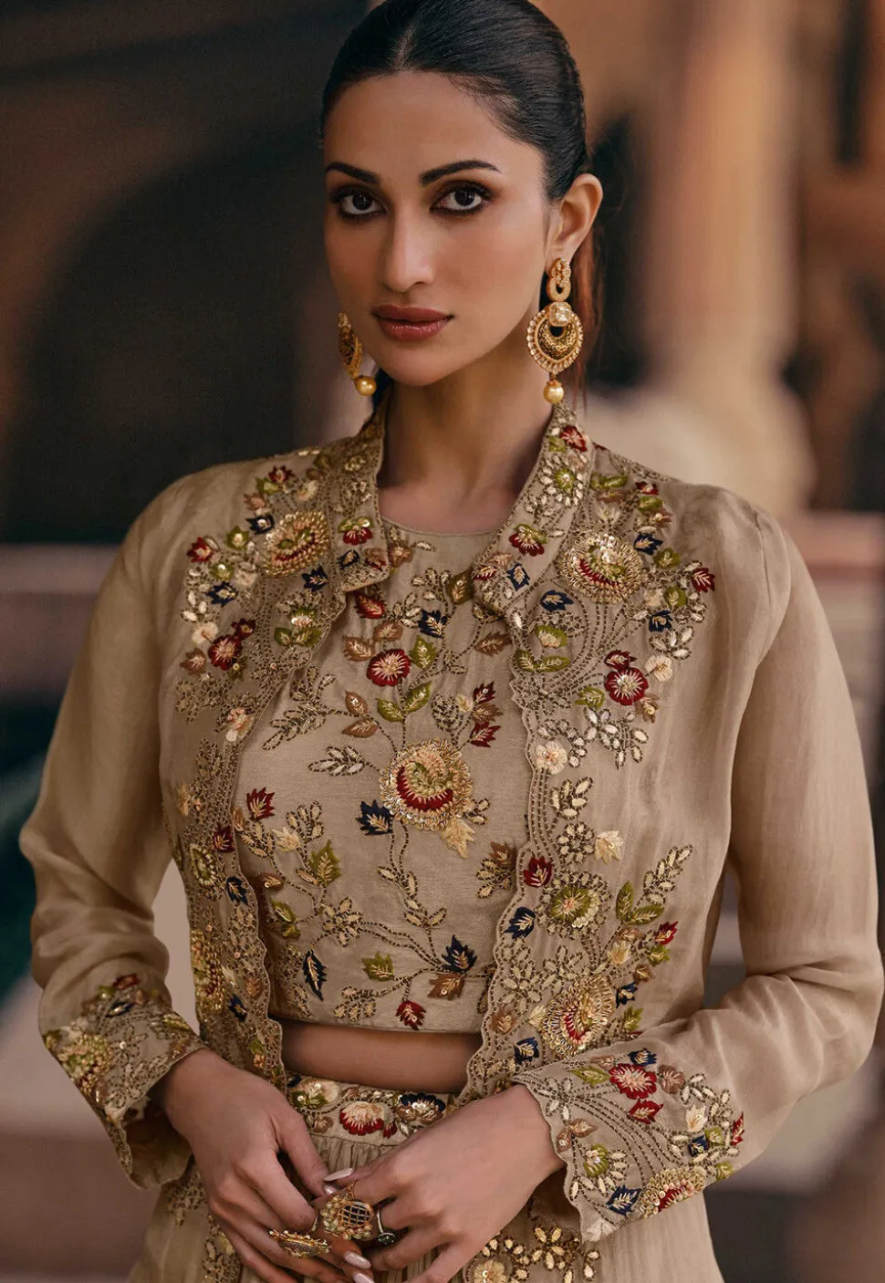 Embroidered Chinon Silk Lehenga in Beige