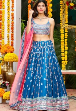 Embroidered Chinon Silk Lehenga in Teal Blue
