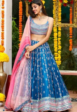 Embroidered Chinon Silk Lehenga in Teal Blue