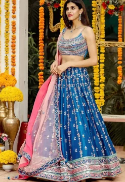Embroidered Chinon Silk Lehenga in Teal Blue