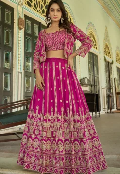 Embroidered Chinon Silk Lehenga in Fuchsia