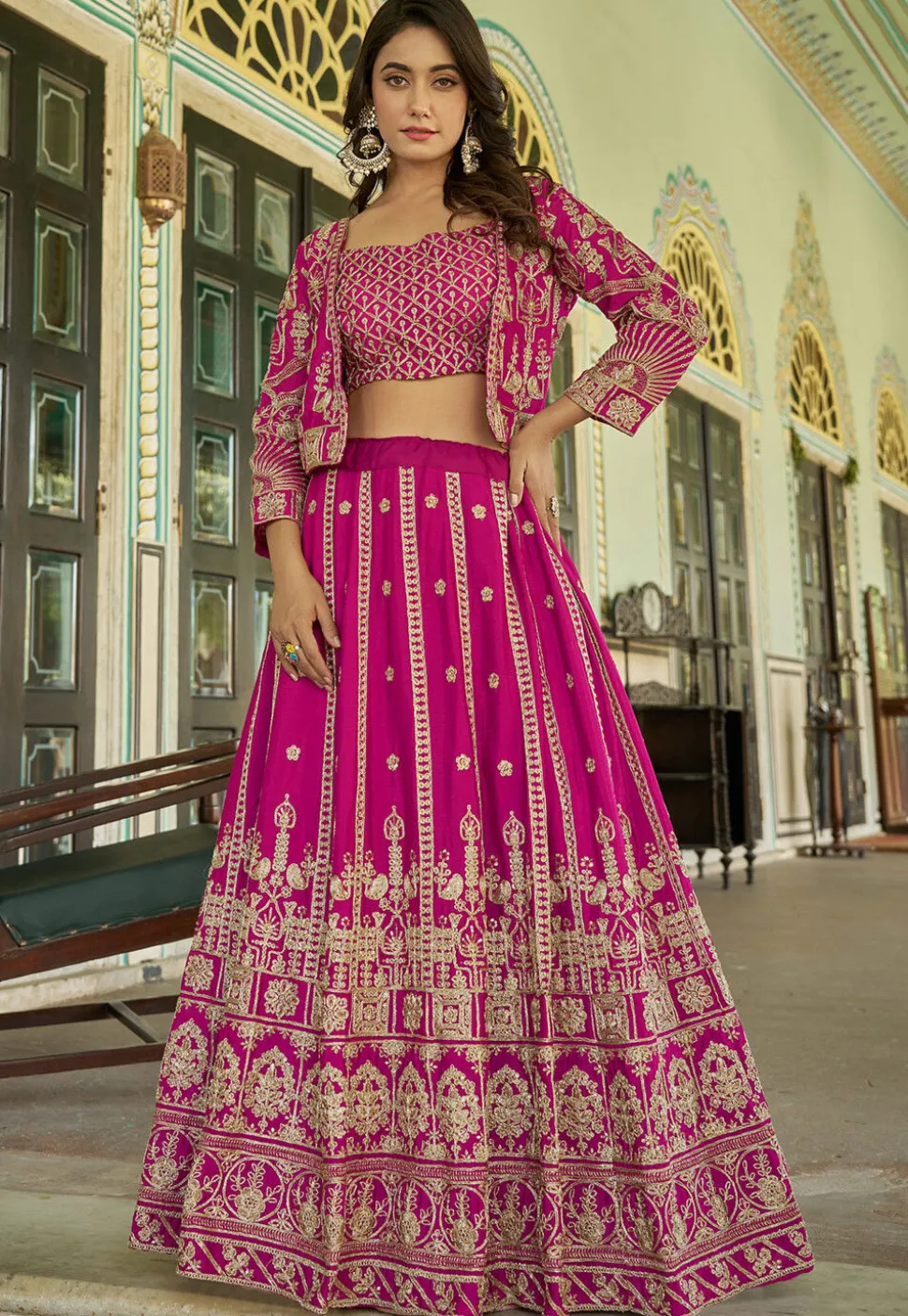 Embroidered Chinon Silk Lehenga in Fuchsia