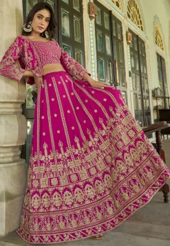 Embroidered Chinon Silk Lehenga in Fuchsia