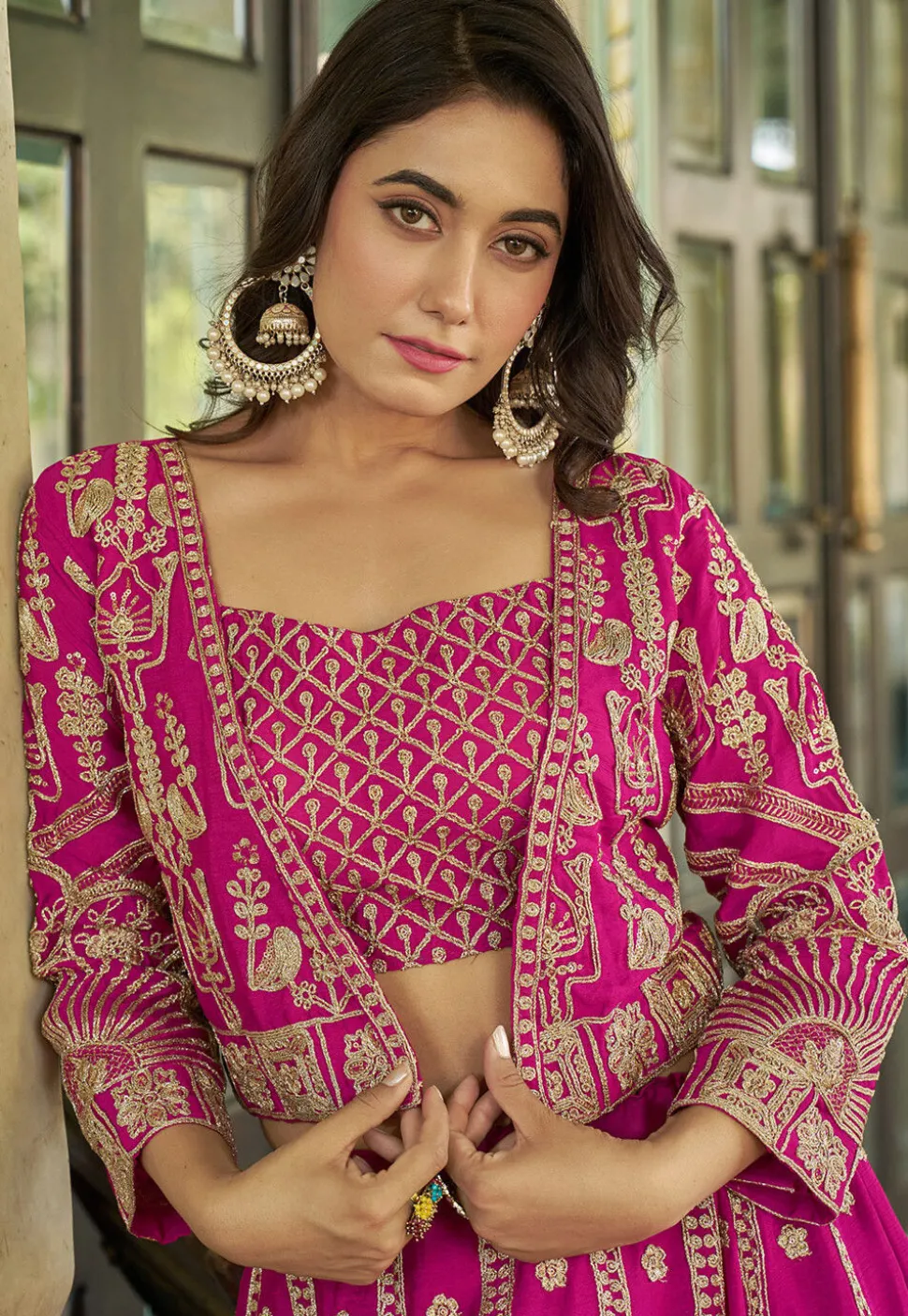 Embroidered Chinon Silk Lehenga in Fuchsia