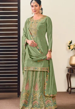 Embroidered Chinon Silk Lehenga in Green