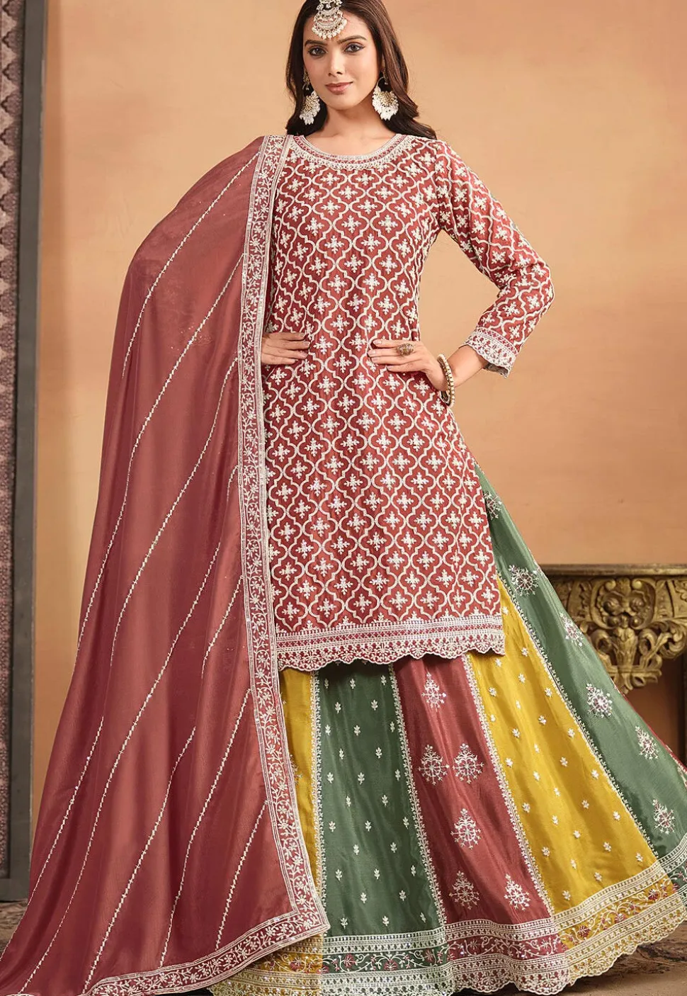 Embroidered Chinon Silk Lehenga in Old Rose