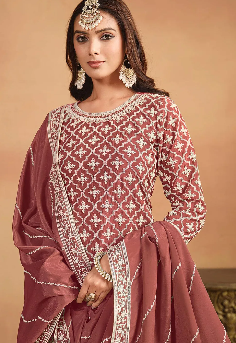 Embroidered Chinon Silk Lehenga in Old Rose