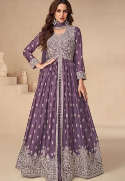 Embroidered Chinon Silk Lehenga in Purple
