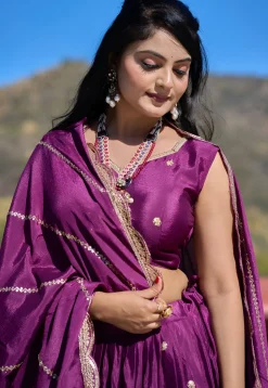 Embroidered Chinon Silk Lehenga in Purple