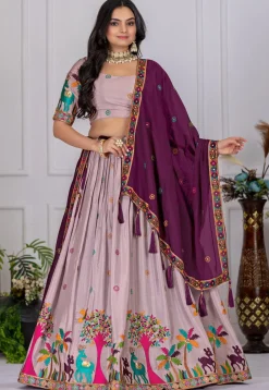 Embroidered Chinon Silk Lehenga in Light Purple