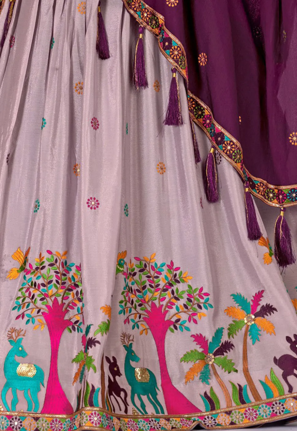 Embroidered Chinon Silk Lehenga in Light Purple
