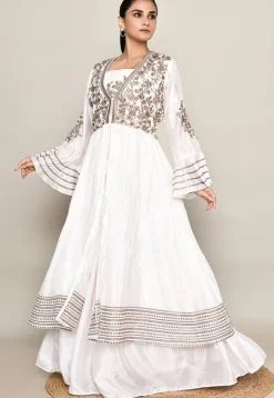 Embroidered Chinon Silk Lehenga in Off White